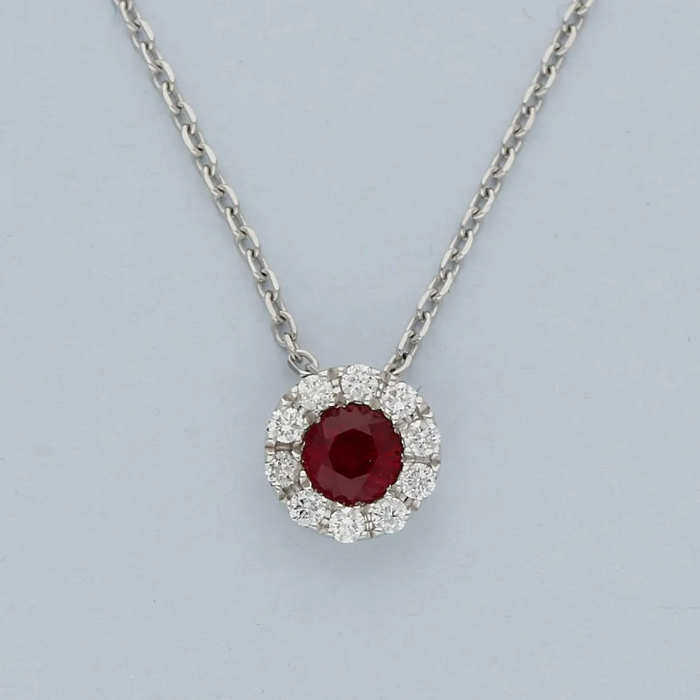 18ct White Gold Ruby and Diamond Halo Necklace