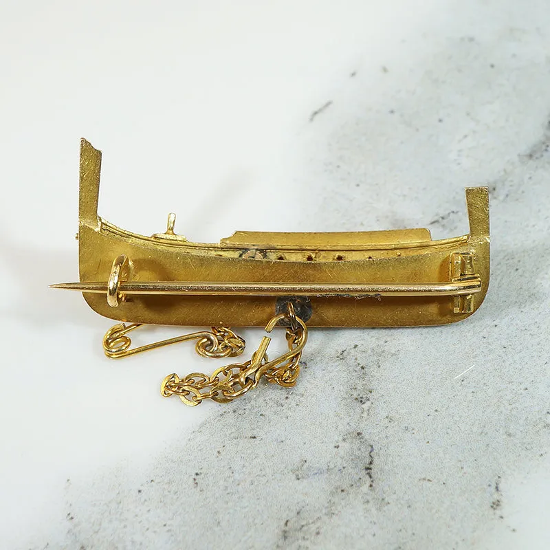 Beautifully Realistic Long Boat Brooch in 18k Gold