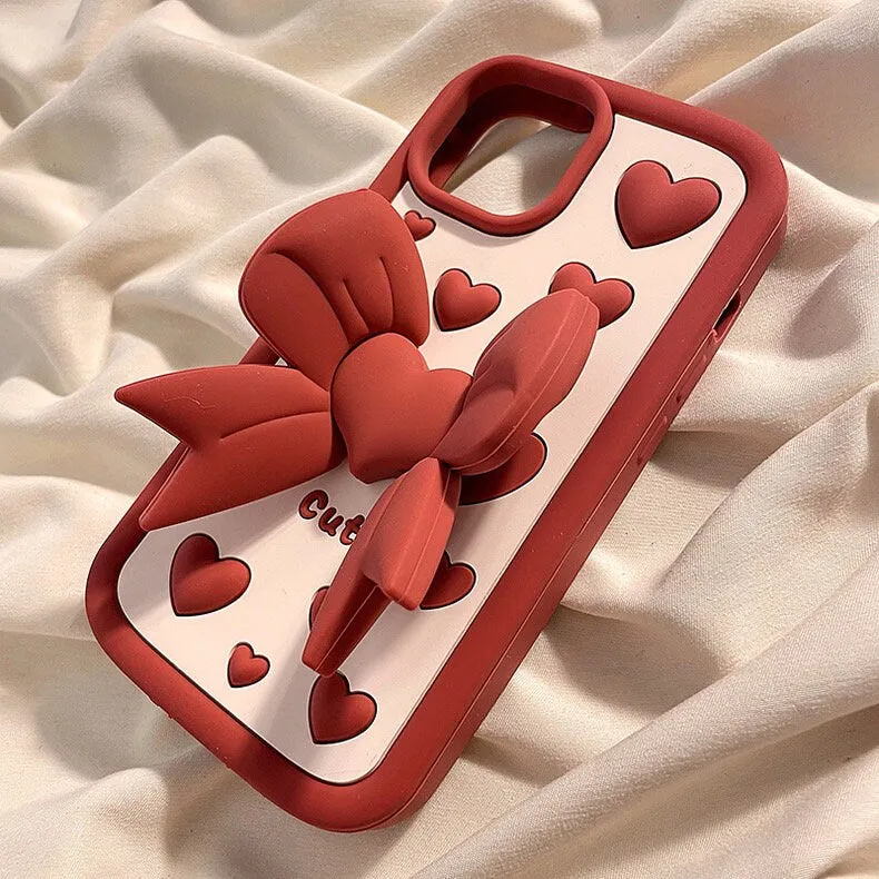 Cute Polka Hearts Design with a Foldable Ribbon Shaped Stand Thick Protective Shockproof iPhone Case for iPhone 11 12 13 14 15 Plus Pro Max