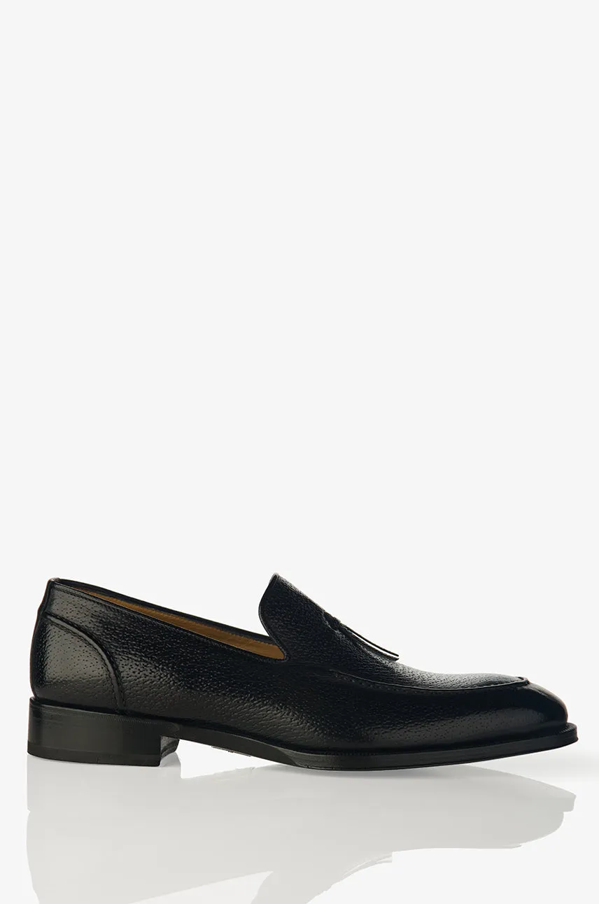 David August Pebble Grain Leather Belgian Loafer in Black Peccary Nero