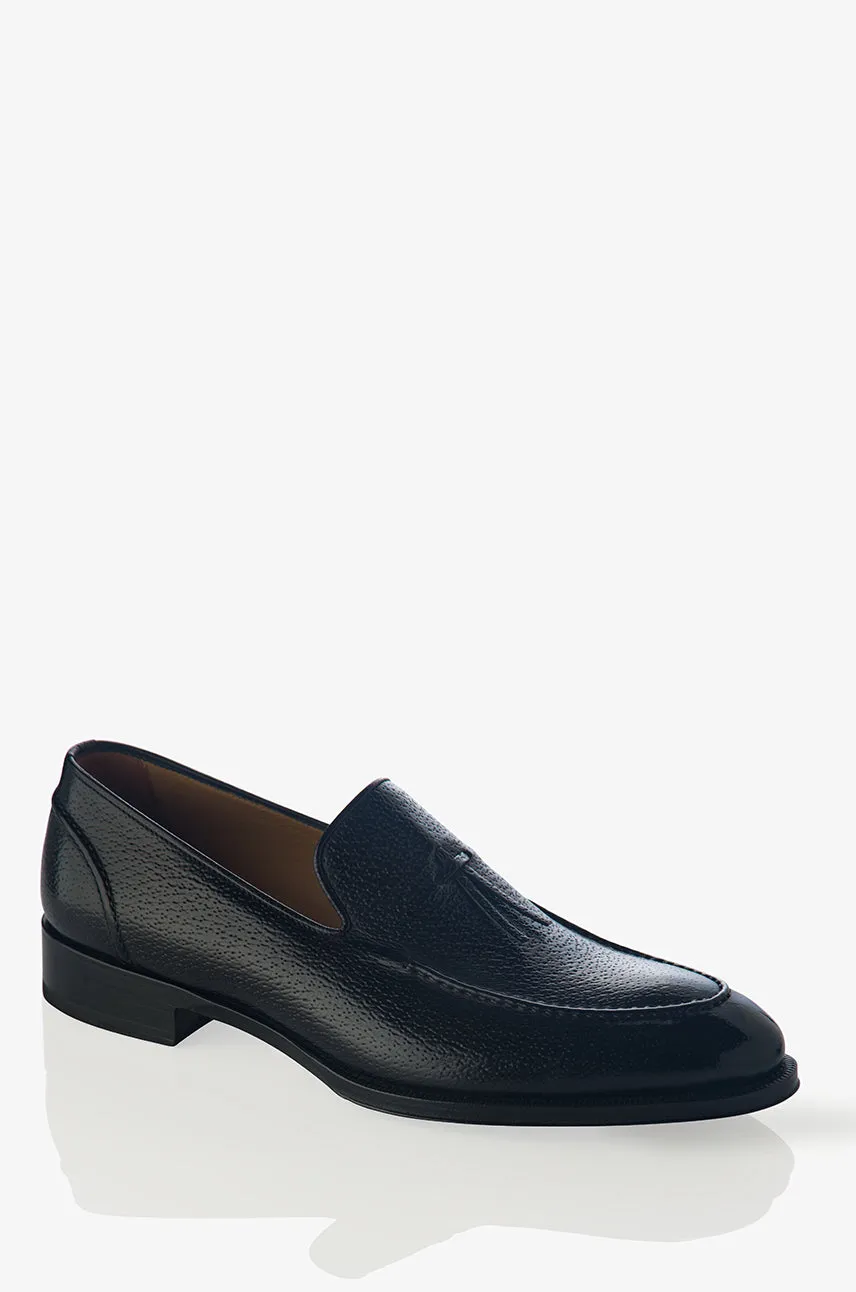 David August Pebble Grain Leather Belgian Loafer in Black Peccary Nero