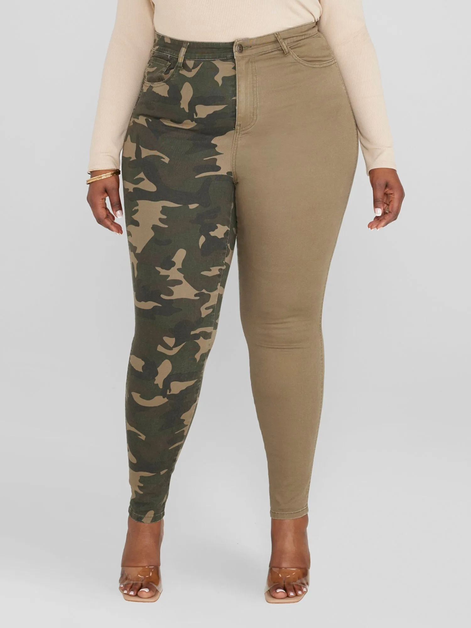 High Rise Two-Tone Camo Skinny Jeans - Tall Inseam