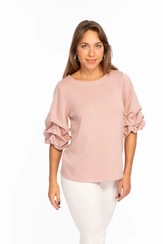 Soft Buttery Knit Top With Pearls Puff Sleeves Detailing LIOR | ZILA