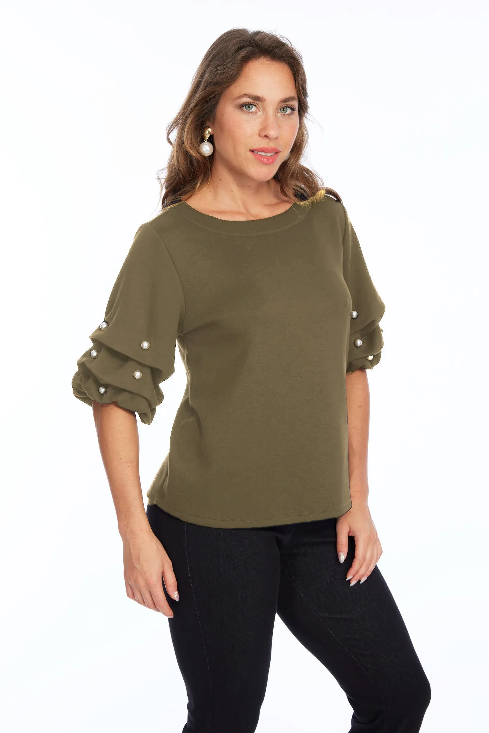 Soft Buttery Knit Top With Pearls Puff Sleeves Detailing LIOR | ZILA