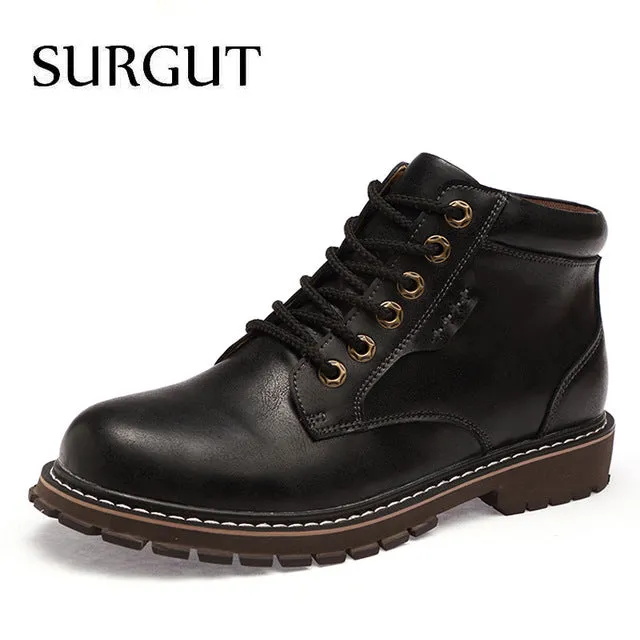 Vintage Men Lace-Up Autumn Winter Cow Split Leather Boots Men Waterproof Work Tooling Casual Ankle Men Boots