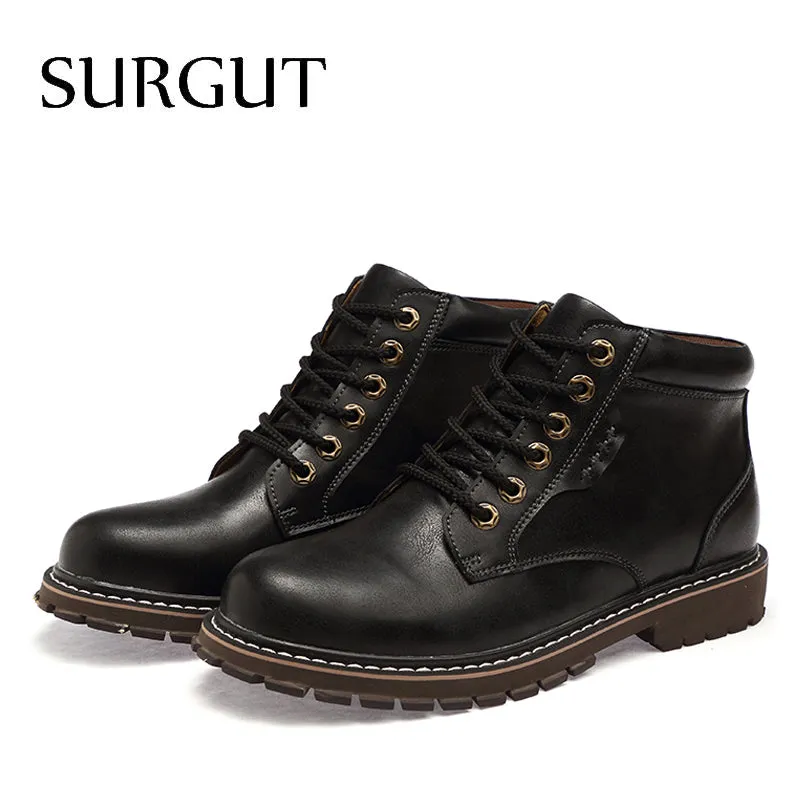 Vintage Men Lace-Up Autumn Winter Cow Split Leather Boots Men Waterproof Work Tooling Casual Ankle Men Boots